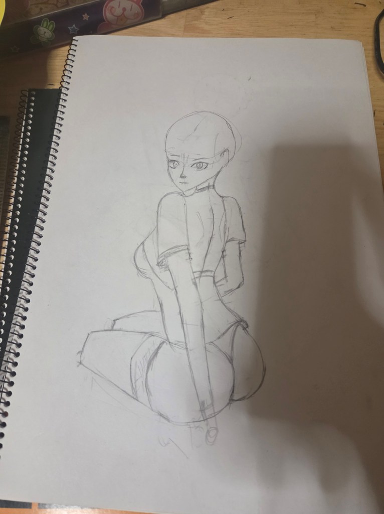 Initial rough sketch focusing on basic body proportions and form construction without hair, clothing, or shading